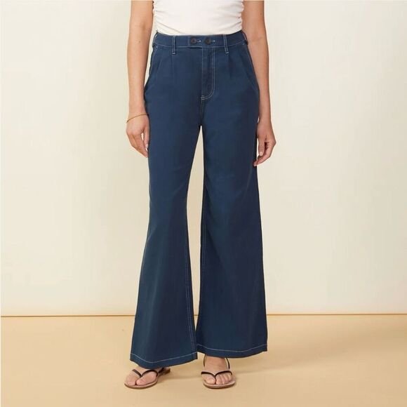 Monrow Cotton Twill Wide Leg Trouser‎ Pant Pleated Navy Blue Women Large HB0684 - Picture 9 of 11
